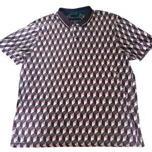 Ted Baker Golf cube print polo shirt L maroon pink geometric optical